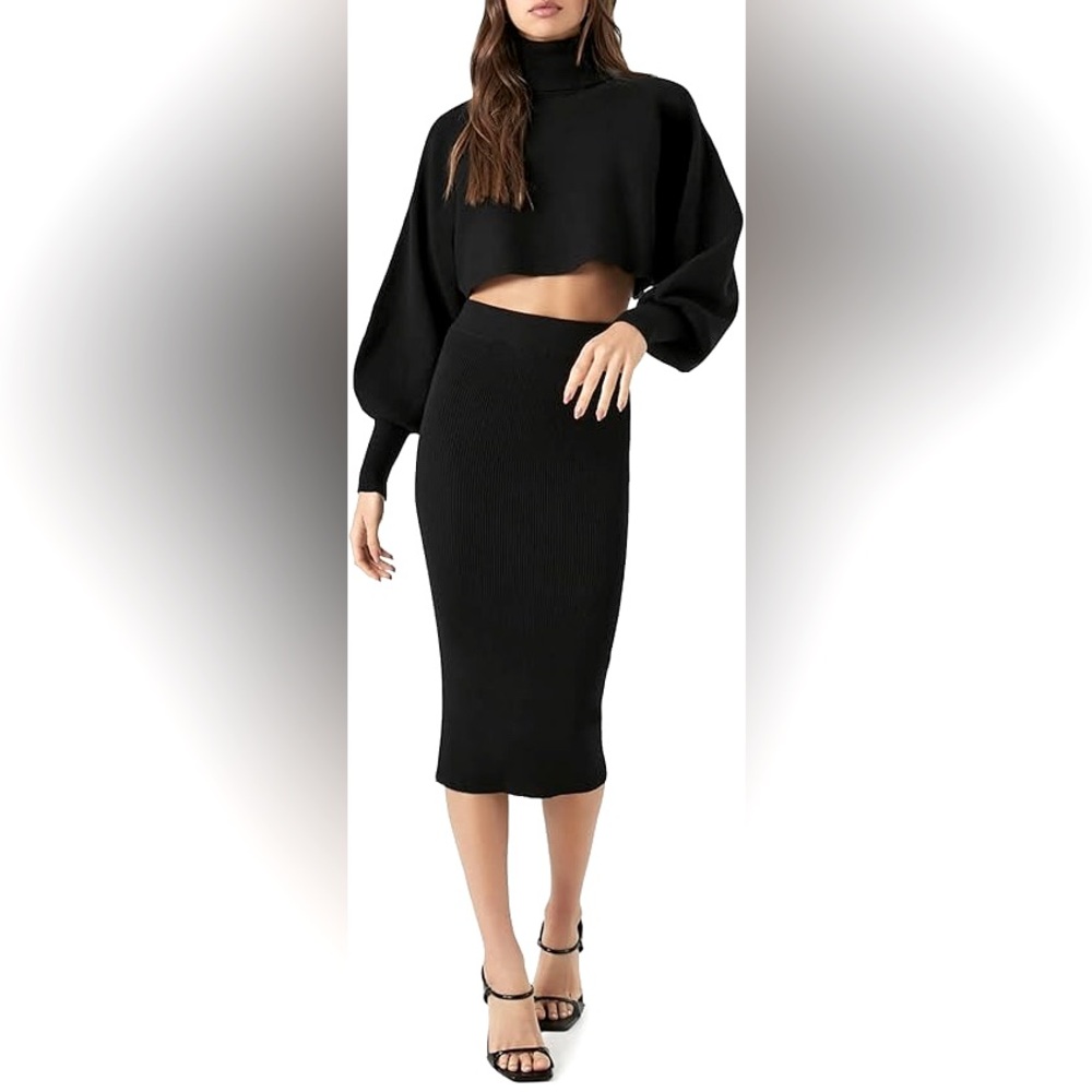 Forever 21 Women's Black Turtleneck Sweater & MIDI Skirt Set